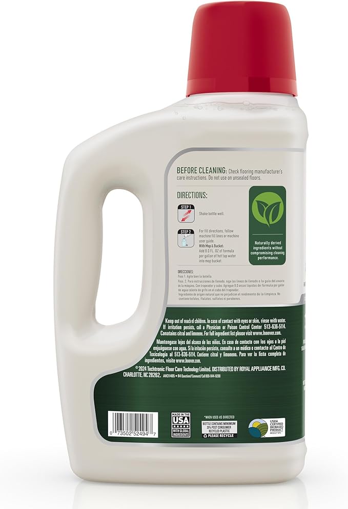 Hoover 64 oz Pure Essentials Hard Floor Cleaner Solution for Sealed Hard Floors Botanical Citrus Scent Full Strength Cleaning Made From Plants AH31465