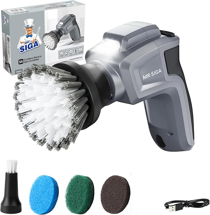MR.SIGA Electric Spin Scrubber for Kitchen and Bathroom Cleaning Waterproof Rechargeable Cordless Spin Scrubber with 5 Replaceable Cleaning Brushes and Pads