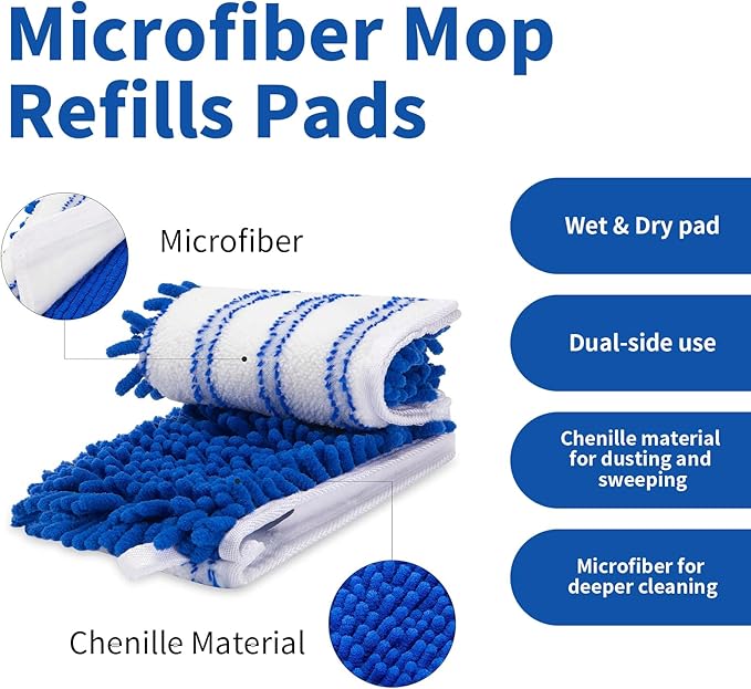 4 Pack Mop Heads Replacements Compatible with O-cedar Dual-Action Flip Mop Chenille + Microfiber Mop Refills for Dry/Wet Use Reusable and Machine Washable Dust Mop Cloths for Hardwood Floor Cleaning