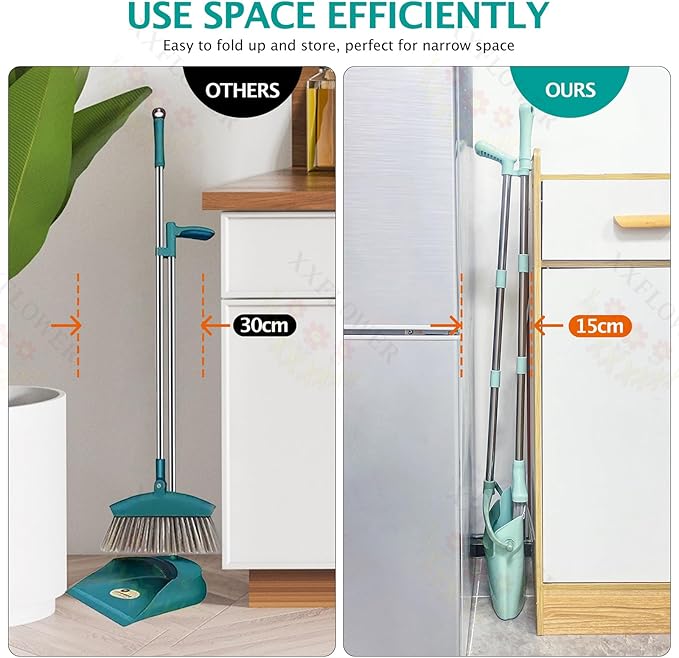 XXXFLOWER Broom and Dustpan Set with Cleaning Teeth+Self-Wringing Twist Mop for Floor Cleaning 57” Long Handle Heavy Duty Microfiber Mop for Wet Mopping on Tile Hardwood Kitchen Bathroom