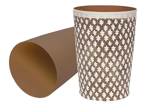 Bathroom Trashcan Garbage Can Trashbin for Powder Room Decor Ideas Bedroom Waste Basket Home Office Wastebin Round Plastic Trash Can with Removable Washable Fabric Cover Brown Blockprint 11.75