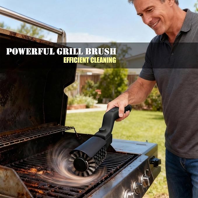 Cordless Electric Grill Brush with Adjustable Angle 3-Speed Power Motor &amp Stainless Steel Head - Rechargeable 90-Min Runtime Waterproof Grill Cleaner for BBQ Grates &amp Griddles (Black)