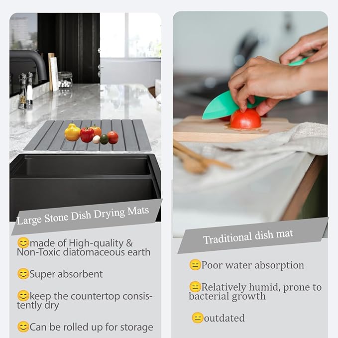 Foldable Stone Dish Drying Mat 24(L)×16(W) Fast Dry Water-Absorbent Collapsibl Eco-Friendly Diatomaceous Earth Dish Drying Mats for Dishes Cookware Cups Fits Any Countertop Gery