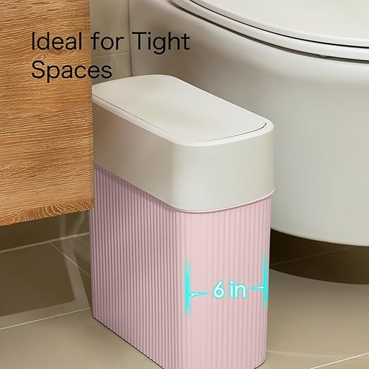 Bathroom Trash Can with Lid 12L Small Plastic Garbage Can for Kitchen with Press Top Lid 3.2 Gallon Slim Dog Proof Wastebasket Trash Bin for Office Bedroom Living Room Home Cabinet-Pink