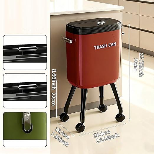 Garbage Can with Legs Dustbin High Foot 15L Large Capacity Household No Bending Wastebasket for Office Bedroom Kitchen Toilet Red with Caster