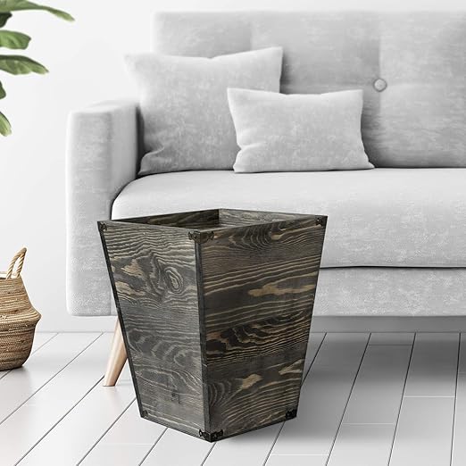 VERGOODR Farmhouse Style Wooden Square Trash Can with Decorative Metal Brackets for BedroomLiving Room Bathroom &amp OfficeWaste Bin Wastebaskets Trash bin (Rock Grey)