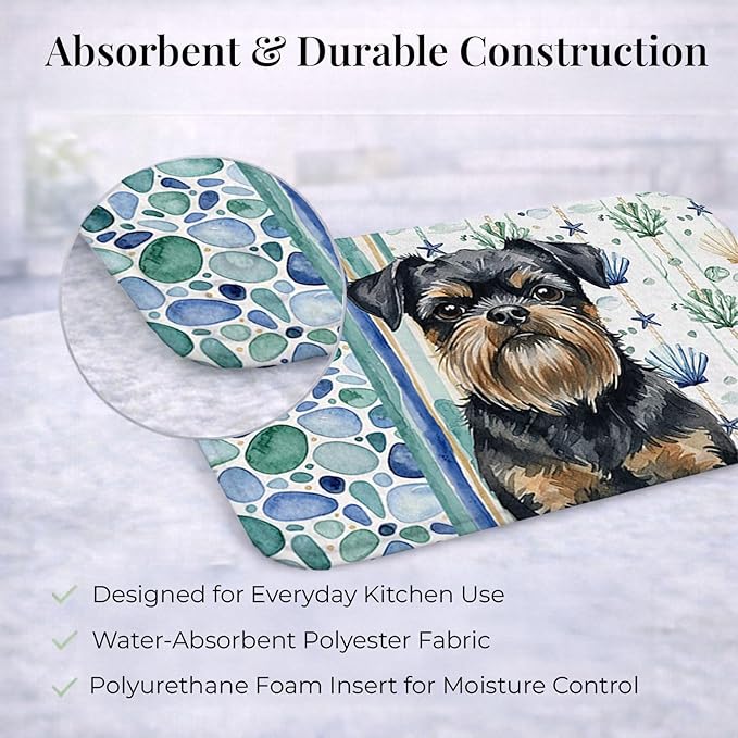 Caroline's Treasures Black and Tan Brussels Griffon Coastal Sea Glass Dish Drying Mat Absorbent Dish Drying Mat Pad for Kitchen Counter Dish Drainer Mat for Countertop 14 x 21 Multicolor