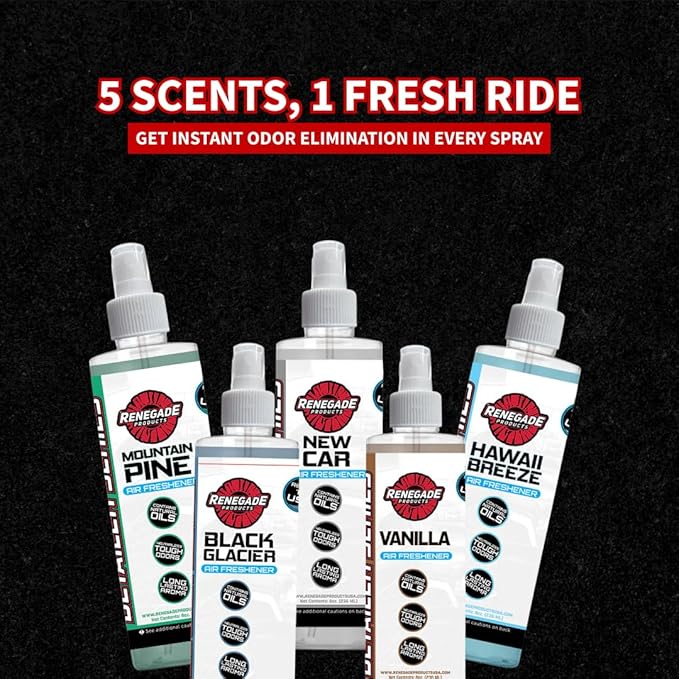Renegade Products Classic Air Freshener Bundle – 5-Pack Spray Scents for Cars Trucks &amp Home – Includes Black Glacier Pine New Car Vanilla &amp Hawaii Breeze