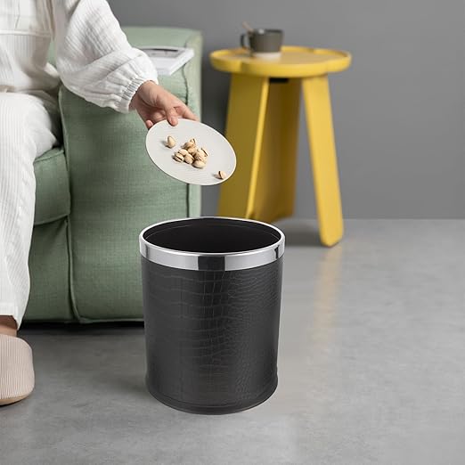 Vintage Style Wastebasket Garbage Bucket with Double-Layer Crocodile Texture Retro Round Home Trash Can for Bathroom Kitchen Office Use