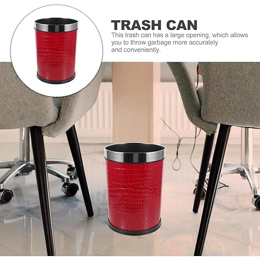 Trash Can with 12L Capacity Red Embossed Pattern Garbage Bin with Stainless Steel Ring Single-Layer Rubbish Bin for Hotel Rooms Bedrooms and Office Wastebasket