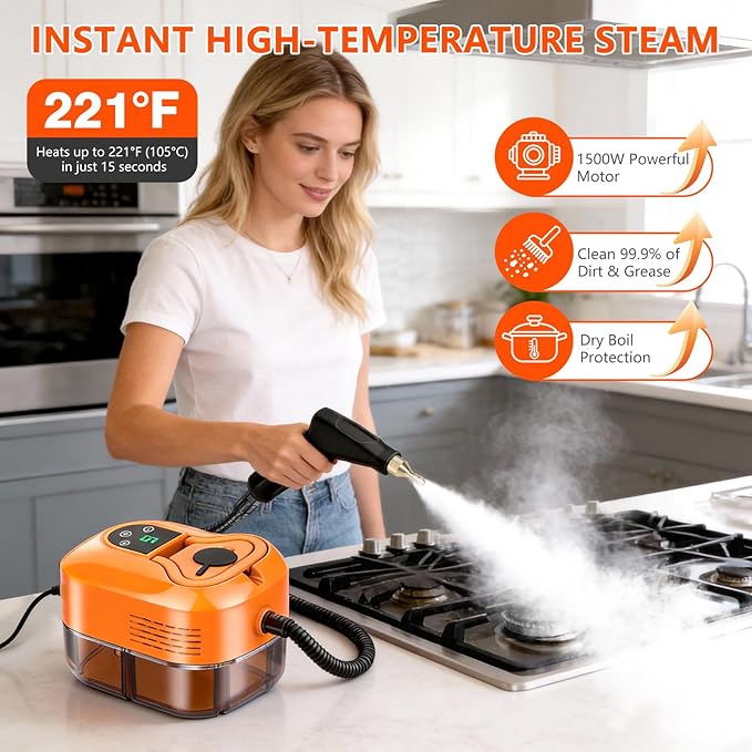 Steam Cleaner for Home &amp Car - 1800ML Water Tank 15s Heat-Up Portable Steamer for Cleaning 6 Level Handheld Steam Cleaner for Car Detailing with 17 Accessories for Furniture Grease Carpet Grou