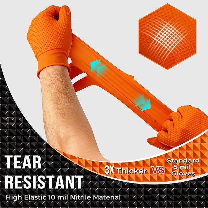 10 Mil Nitrile Disposable Gloves Heavy Duty Mechanic Gloves Raised Diamond Texture Thick (Orange of 1000X-Large)