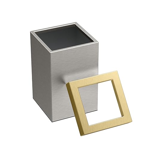 Gatco Small Bathroom Trash Can with Lid Square 3 Gallon Stainless Steel Wastebasket Under Sink Satin Nickel and Brushed Brass for Bathroom Bedroom Office (1914B)