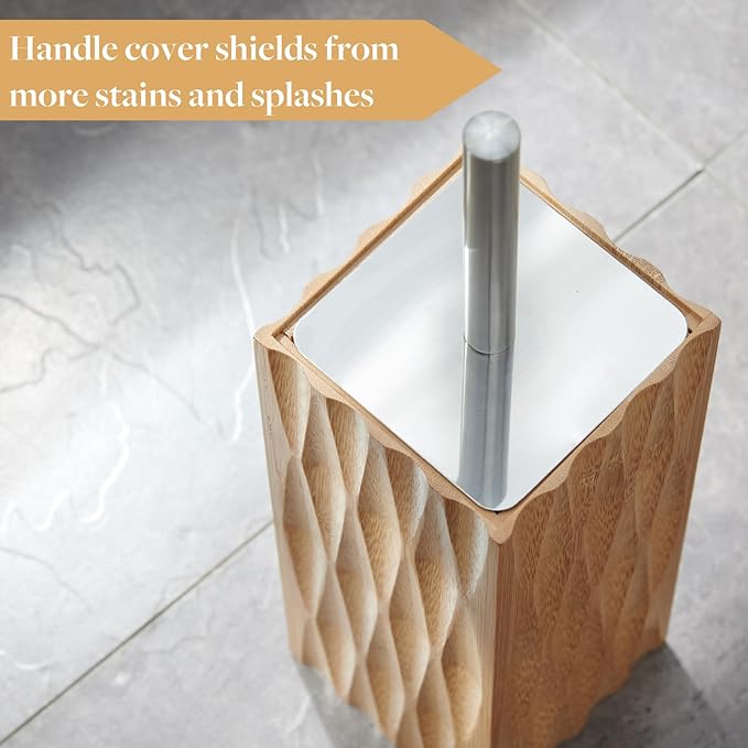 GOBAM Bamboo Toilet Bowl Cleaner with Holder for All Toilet Types Hidden Stainless Steel Toilet Brush Bathroom Cleaning Brushes Toilet Accessories - Natural with Pattern