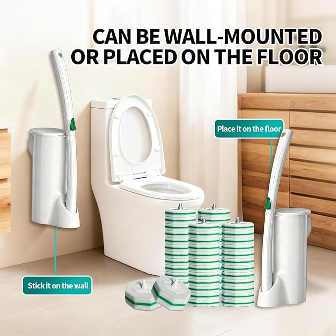 Disposable Toilet Brush Toilet Bowl Cleaning System with 48 Count Wand Refill Clean Brush Starter Kit with 1 Toilet Wand 1 Storage Caddy and 1 wall Sticker (White)