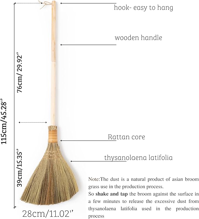 Vietnamese Natural Whisk Broom - Straw Soft Broom - Long Handle Broomstick for Cleaning Decoration Wedding with 45.28 inch Length
