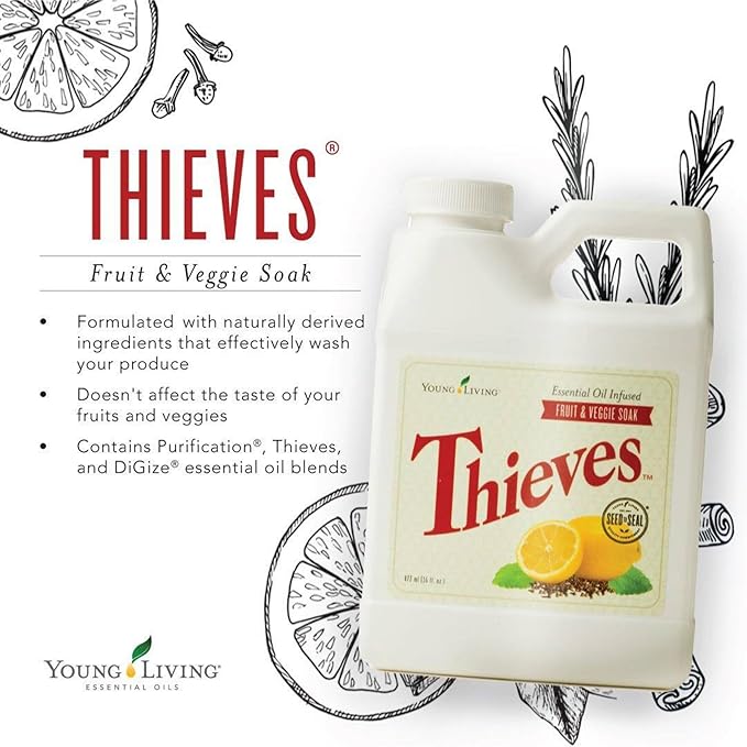 Young Living Thieves Fruit &amp Veggie Soak 16 fl oz | Natural Home Care Cleanser | Gently Cleansing | Plant-Based | Infused with Water Decyl Glucoside Citric Acid &amp Sodium Citrate