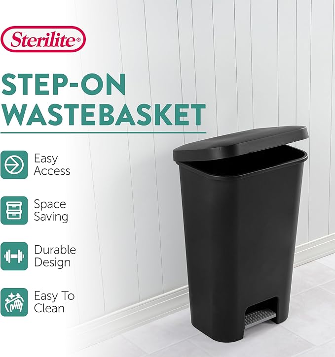 Sterilite 11.9 Gallon Rectangular Step On Kitchen Plastic Indoor Wastebasket with Wide Opening Lid and Comfort Handle for Home Black (8 Pack)