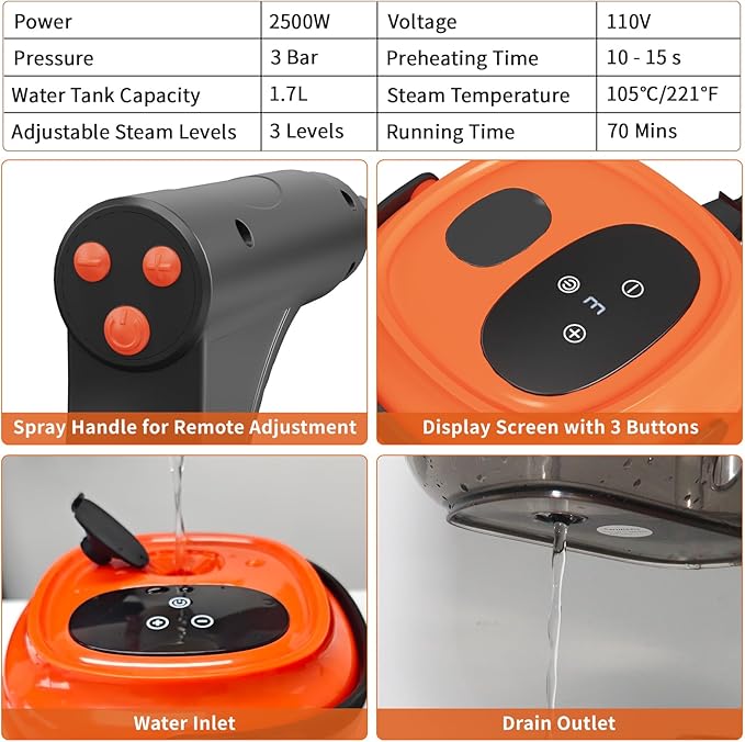 Handheld Steam Cleaner 2500W High Temperature Pressurized Machine 1.7L Water Tank Handle-Controlled Steam Output Portable Cleaning Steamer for Home Car Bed Bugs Furniture Grout (Red)