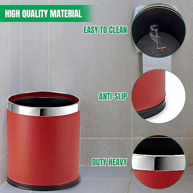 Small Office Trash Can Open Top Small Wastebasket Bin Invisi-Overlap' Metal Garbage Can Waste Basket for Powder Room Vanity Bathroom (Red)
