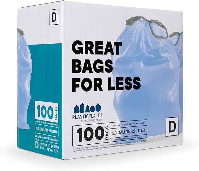 Plasticplace Custom Fit Trash Bags Compatible with simplehuman Code D (100 Count) Tinted Blue Drawstring Garbage Liners 5.3 Gallon / 20 Liter 15.75 x 28
