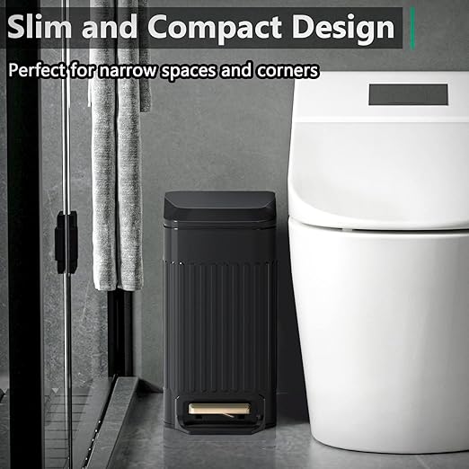Small Bathroom Trash Can with Lid Soft Close-6L/1.6 Gal Slim Step Garbage Can-Metal Pedal Wastebasket-Narrow Rectangle Garbage Container Bin for Corner Office Bedroom Toilet Live Room-Black