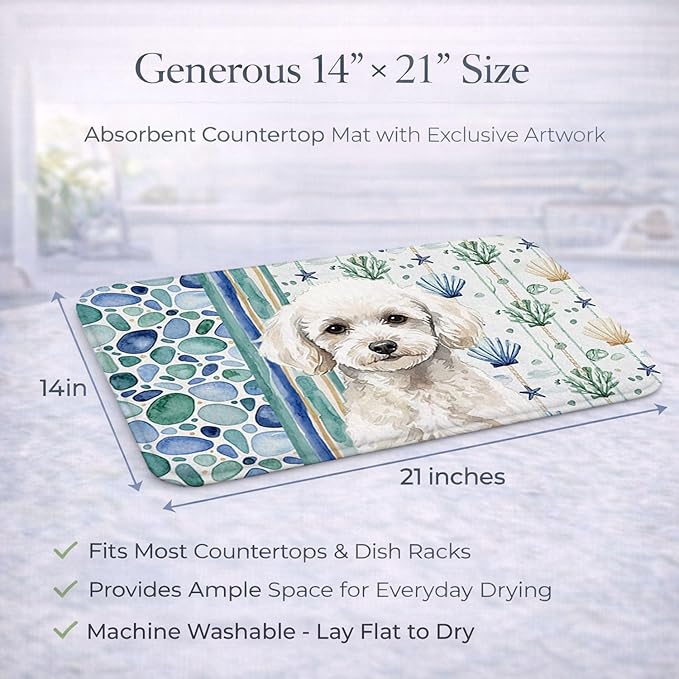 Caroline's Treasures Toy White Poodle Coastal Sea Glass Dish Drying Mat Absorbent Dish Drying Mat Pad for Kitchen Counter Dish Drainer Mat for Countertop 14 x 21 Multicolor