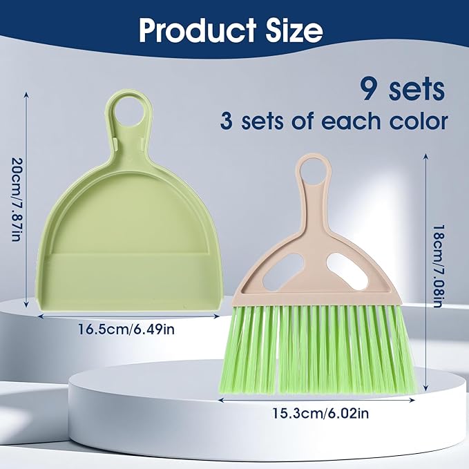 9 Pack Mini Dust Pan and Brush Set Small Hand Broom and Dustpan Set with Handle - 3 Colors Plastic Cleaning Tools for Desk Table Keyboard Car Pet Food Crumbs