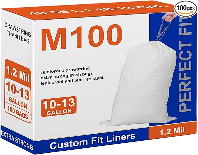 Code M 100 Count 8-12 Gallon Heavy Duty Trash Bags 1.2 Mil THICK Compatible with simpIehuman Code M White Garbage Can Liners with Reinforced Drawstring Plastic Trash Bags PERFECT FIT &amp GRAND SAVE