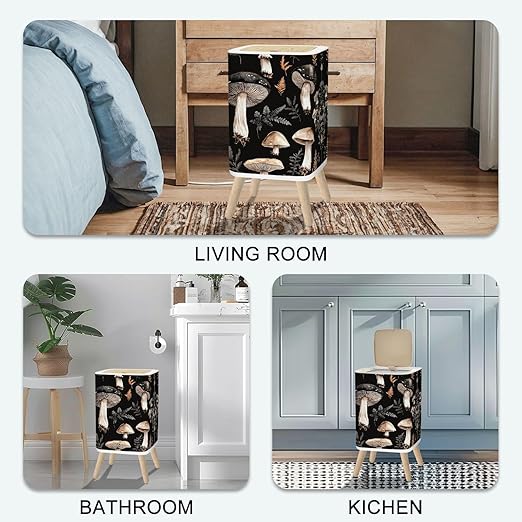 Small Trash Can with Lid Mushroom Seamless Boho Black Brown Mushroom Forest Vintage Mushrooms 2.6 Gallon/10L Garbage Can Waste Bin with Pop-Up Lid Wood Legs Wastebasket for Bathroom Kitchen Bedroom
