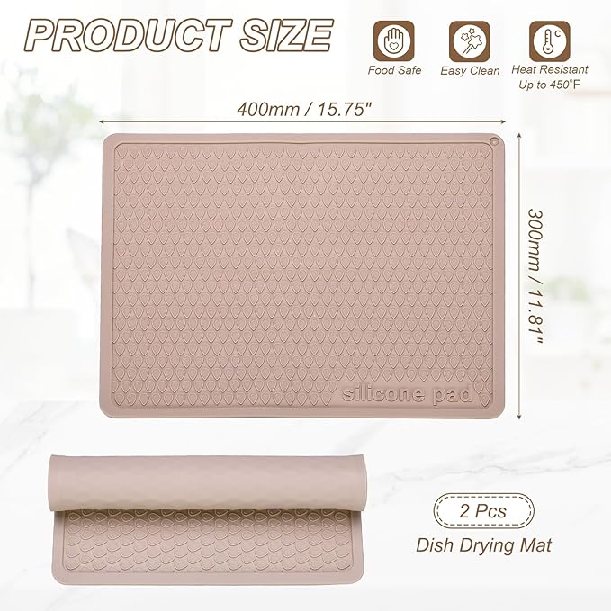 PATIKIL 2 Pcs Dish Drying Mat 16 x 12 Inch Silicone Heat Resistant Drying Pad Stove Top Cover for Kitchen Counter Sink Stove Refrigerator Drawer Liner Reddish Brown