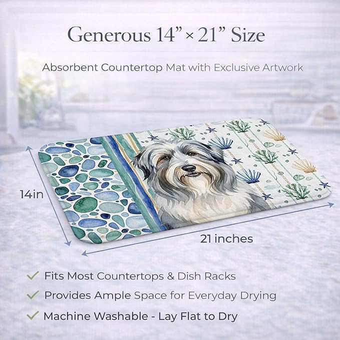 Caroline's Treasures Bearded Collie Coastal Sea Glass Dish Drying Mat Absorbent Dish Drying Mat Pad for Kitchen Counter Dish Drainer Mat for Countertop 14 x 21 Multicolor
