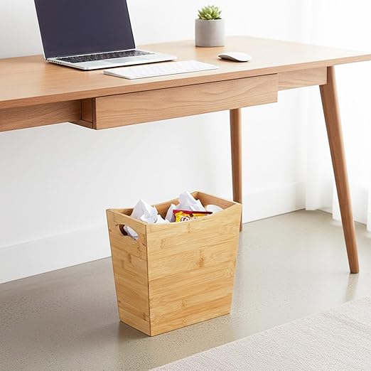 TOPZEA Bamboo Waste Basket Rectangular Narrow Trash Can with Handle Wastebasket Waste Bin Garbage Can for Bathroom Bedroom Office and Home 10.5 x 5.7 x 10.25