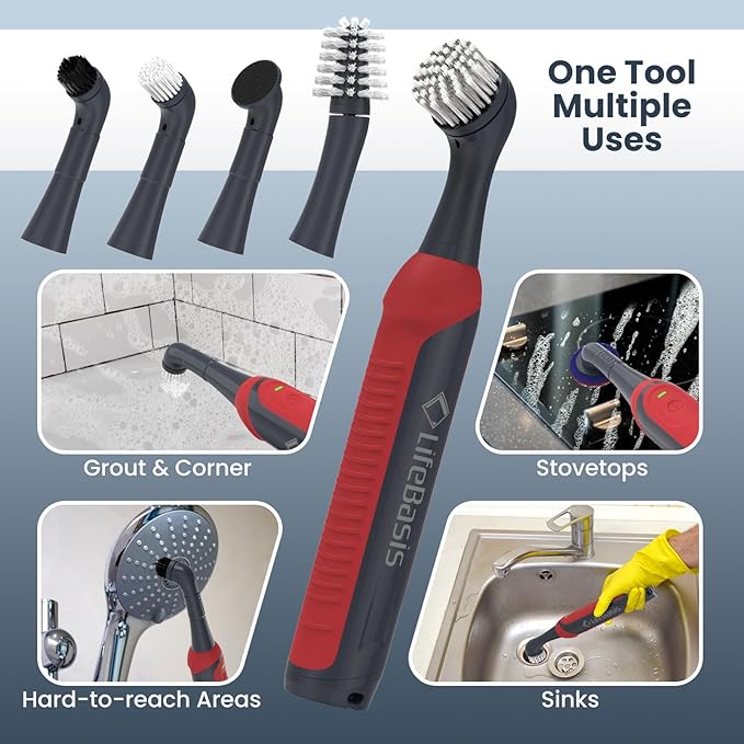 LifeBasis Rechargeable Power Scrubber 11-Piece Kit Cordless Electric Cleaning Brush IPX7 Waterproof Electric Grout Brush for Home Kitchen Bathroom Grout Tile Shower Tub Red