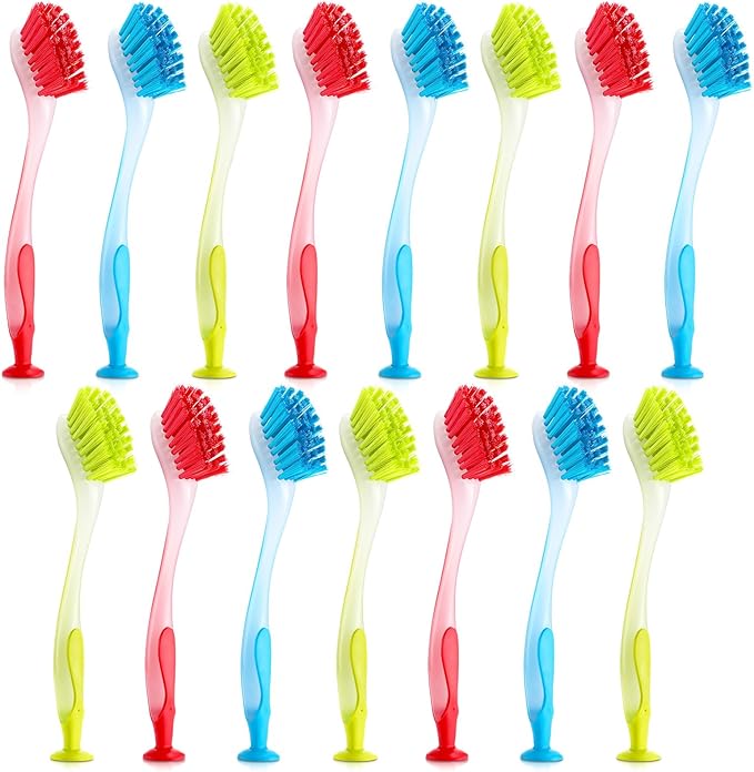 Boao 15 Pieces Long Dish Brush with Handle Assorted Color Dishwashing Brush with Suction Cup Multipurpose Cleaning Tool for Kitchen Toilet Etc
