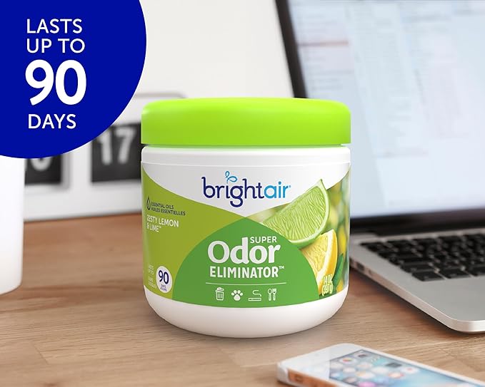 Bright Air 14 oz. Super Odor Eliminator For Medium-Size Spaces Zesty Lemon &amp Lime Scent Case of 6 Air Freshener Natural Essential Oils Lasts Up to 90 Days Each