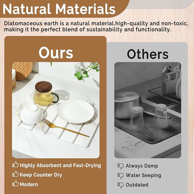 Small Stone Dish Drying Mat for Kitchen Counter 15.7×12 &amp 8x4 Quick Dry Stone Mats Foldable Water Absorbing Diatomaceous Earth Drying Dish Pad for Countertop Bottles Utensils Cup(Gold White)