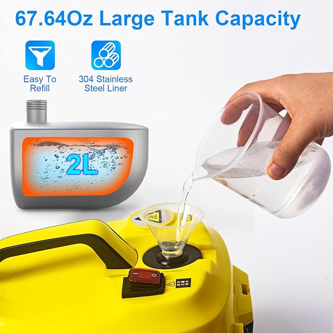 Handheld Steam Cleaner Portable Steamer with 15pcs Accessories Steam Lock 16.8ft Long Power Cord 2L Large Tank Overheat Protection Multi-Purpose Steamer for Home Car Bathroom Grease (Yellow)