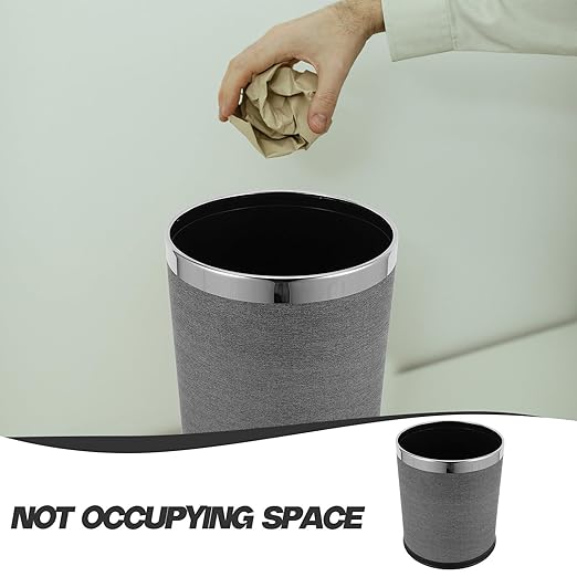 10l Indoor Trash Can Garbage Bin for Bathroom Kitchen Double-Layer Gray Leather Wastebasket Retro Round Home Use Trashcan for Hotel Ktv