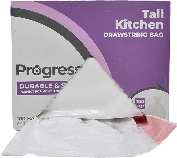 Progress Drawstring Trash Bags – 13 Gallon Portable Tall Garbage Bags Can Liners for Kitchen Office Bathroom Garage | Waste Disposal Supplies (100 Count)