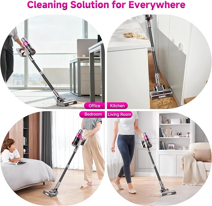 Cordless Vacuum Cleaner: Portable 6-in-1 Stick Vacuum with Anti-Tangle Brush LED Headlight Self-Standing HD Display Rechargeable Vacuum for Pet Hair Low-Pile Carpet and Hardwood Floor-Purple