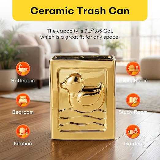 Gold Trash Can - 7L/1.85Gallon Ceramic Waste Basket Decorative Duck Small Garbage Can for Kitchen Bathroom Bedroom Office Multi-Purpose Storage Bin