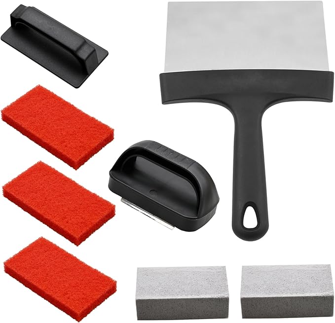 Griddle Cleaning Kit with Handled Scraper Shovel Cleaning Stones and 3 Scouring Pads Effective Grease Stain Removal for Flat Top Grill and Flat Top Grill Cleaner