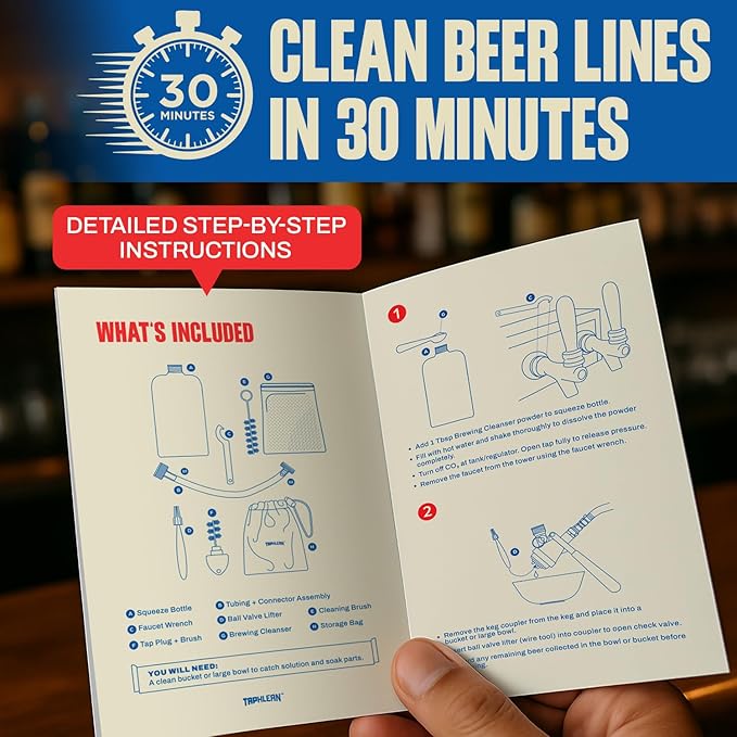 Kegerator Cleaning Kit with 1 LB Beer Line Cleaner Made in USA – 30+ Uses Complete Keg Cleaning Kit with Metal Coupler Squeeze Bottle Wrench Detailed Instructions Storage Bag &amp Beer Tap Brush