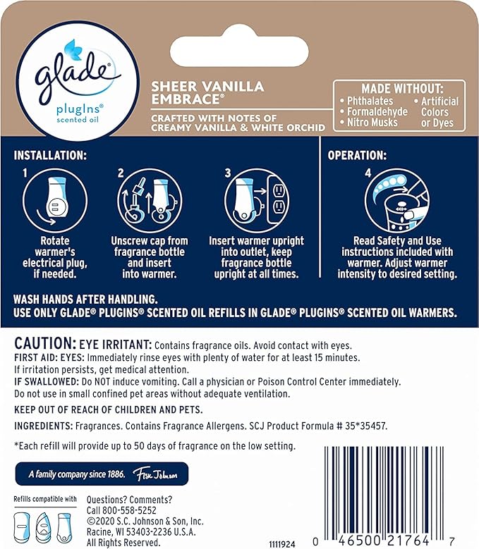 Glade Plugins Refills Sheer Vanilla Embrace 2 CT 1.34 Fl Oz (Pack of 6)