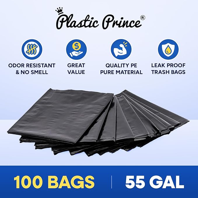 55-60 Gallon Trash Bags Heavy Duty 2 Mil Fits Rubbermaid Brute Rollout Round and Square 32-55 Gallon Trash Cans 43 x 47 Large Durable Garbage Trash Can Liners Black Pack of 100