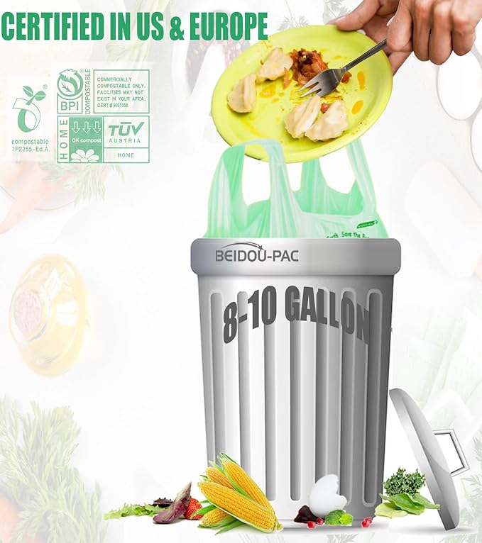 8-10 Gallon Compostable Trash Bags 120 Count Compost Bags Kitchen Trash Bags with Handle Sturdy Biodegradable Garbage Bags Food Scrap Waste Bags ASTM D6400 US BPI Certified