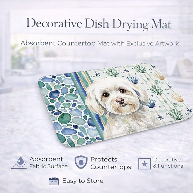 Caroline's Treasures White Havanese Coastal Sea Glass Dish Drying Mat Absorbent Dish Drying Mat Pad for Kitchen Counter Dish Drainer Mat for Countertop 14 x 21 Multicolor