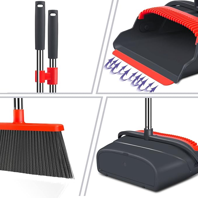 kelamayi Upgrade Broom and Dustpan Set Broom with Dustpan Combo Set Large Size and with Long Handle UprightIdeal for Indoor Outdoor Garage Kitchen Room Office Lobby Use (Black&ampRed)