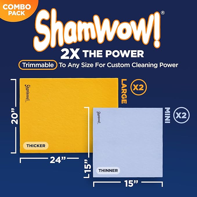 ShamWow Original Super Absorbent Multi-Purpose Cleaning Shammy Chamois Towel Cloth - Holds 10X its Weight in Liquid - Machine Washable - Will Not Scratch (4 Pack: 2 Large Orange &amp 2 Small Blue).